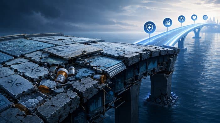 A crumbling old bridge giving way to a new, lit bridge
