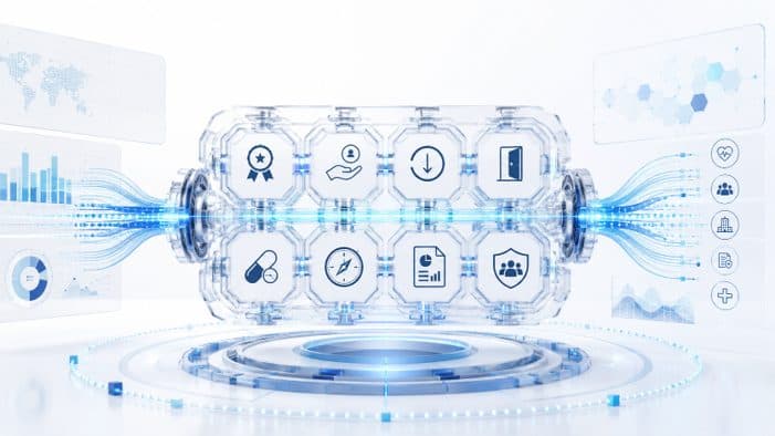 A glass engine with eight connected health plan components: quality, access, primary care, navigation, pharmacy, claims intelligence, reporting and risk